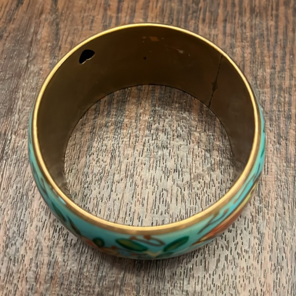Teal and Gold Flower Bangle Bracelet - Picture 5 of 7